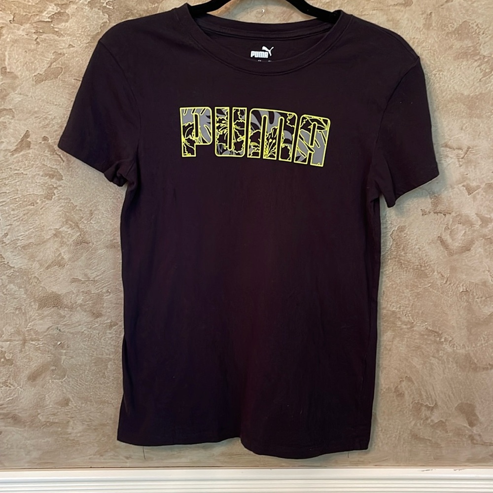 Woman’s Puma t-shirt. Black with neon green print. Size small.